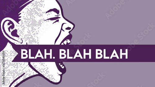 Profile of a person shouting with speech bubble abstract art purple and white colors halftone effect graphic design modern art illustration expression anger loud communication noisy scream shout yell.