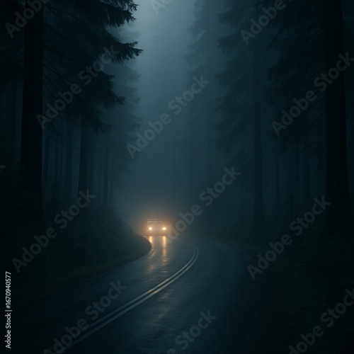 Car Lights on a Foggy Forest Road