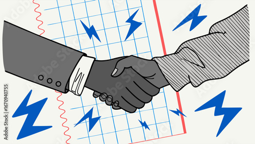Business partnership handshake deal agreement collaboration contract success energy power electricity graphic illustration teamwork synergy connection cooperation unity strategy planning grid chart m.