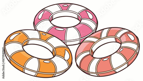 Three colorful inflatable rings summer beach accessories pool floats vacation summer fun water toys.
