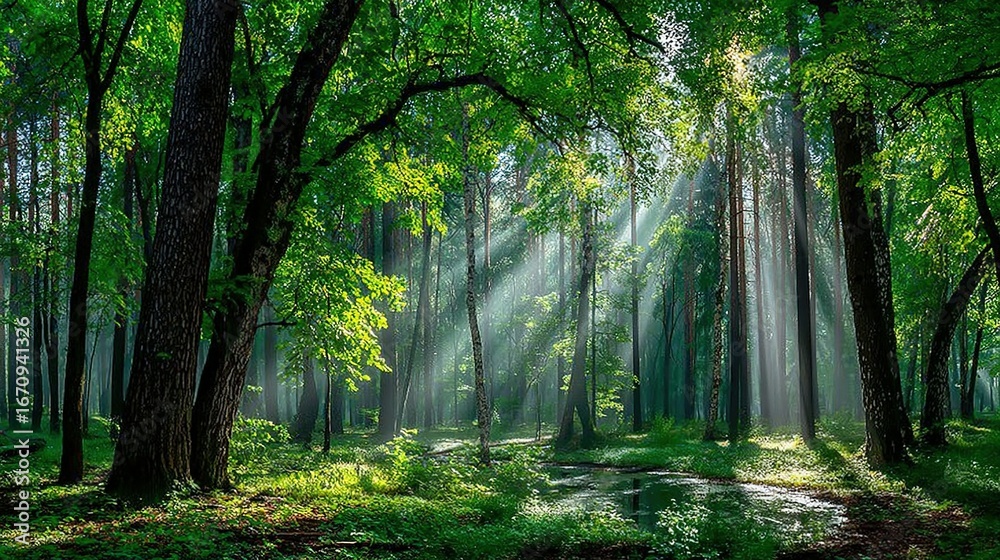 Obraz premium Forest scene with sunlight streaming through trees creating a bright serene atmosphere.