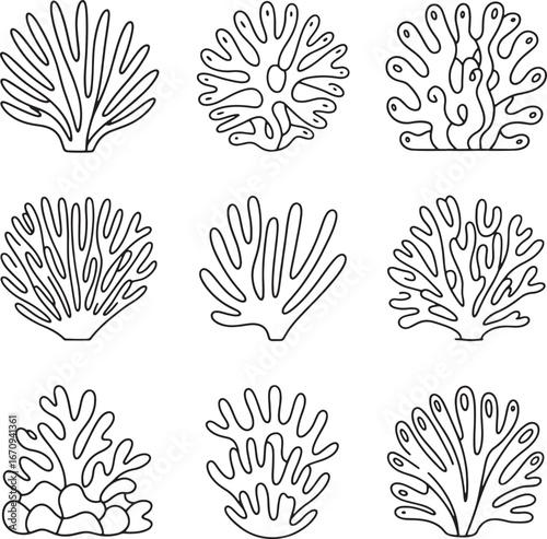 Assortment Of Stylized Coral And Seaweed Icons In Black Outline marine life ocean
