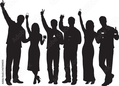 Party Crowd Silhouette with Drinks and Raised Hands