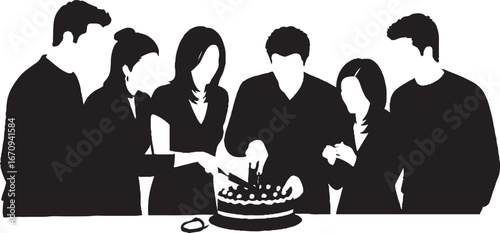 Group Celebration Cake Cutting Silhouette Vector Art