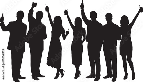 Celebratory Group Silhouettes Raising Drinks Party Vector Graphic