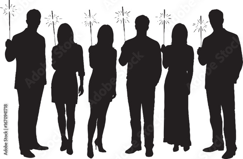 Silhouettes of Partygoers Holding Sparklers, Festive Celebration Group Vector
