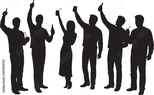 Party Crowd Silhouettes with Raised Hands and Drinks Vector Graphic