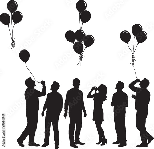 Black Silhouettes of People Interacting with Balloons for Party and Celebration Events