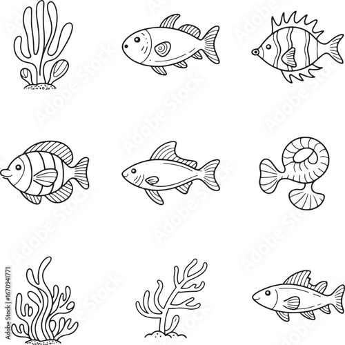 Hand Drawn Marine Life And Seaweed Icons In Black And White fish coral