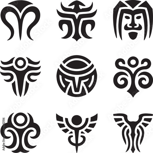 Nine Stylized Tribal and Fantasy Creature Icons in Black Silhouette monster beast