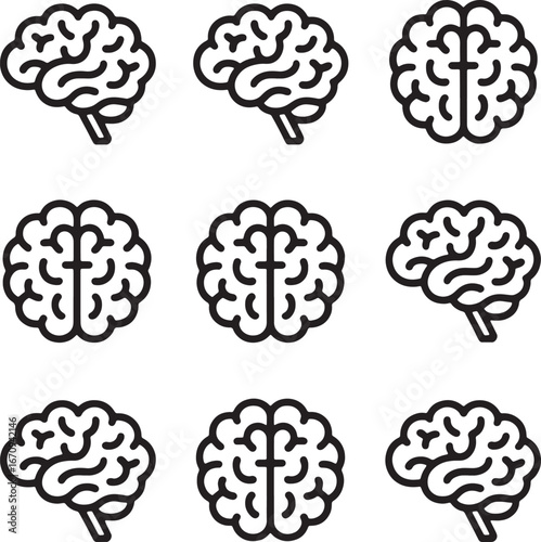 Set of Human Brain Line Art Icons in Various Views neurology neuroscience