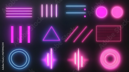 Neon geometric shapes on a dark background.