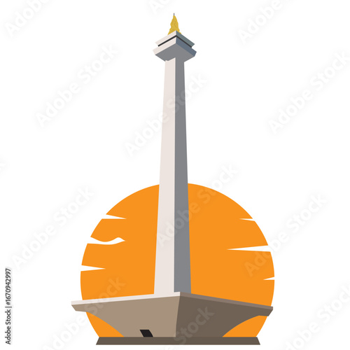 Minimalist vector of Monas, Indonesia’s National Monument. Features tall obelisk with golden flame atop a trapezoidal base, symbolizing independence and national pride