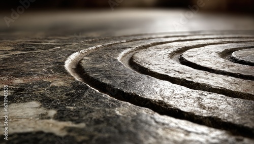 Close-up of a textured stone surface with concentric grooves