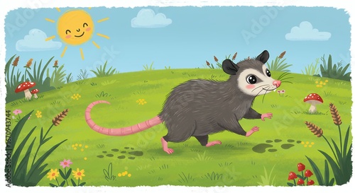 Cute opossum walking in grassy field illustration