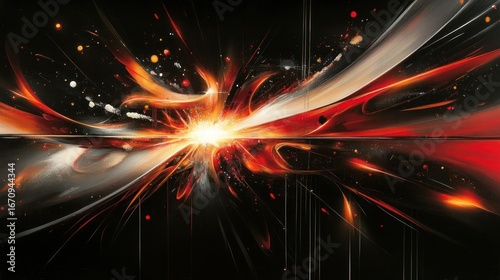 Abstract explosion of vibrant colors and dynamic shapes against a dark background.