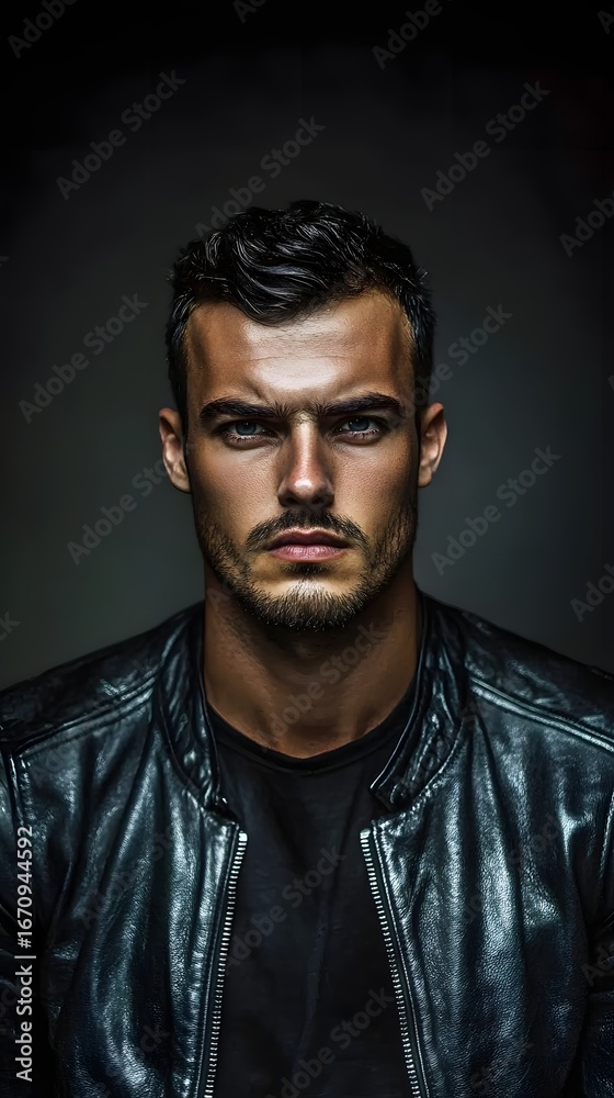 Fototapeta premium Close-up portrait of a man wearing a black leather jacket.