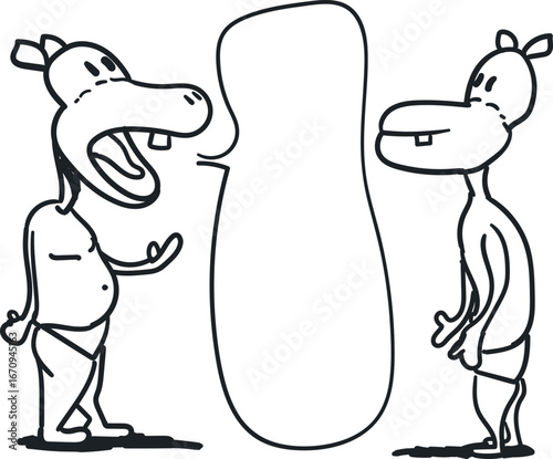 Cartoon animals or funny characters are talking about something. There is a speech bubble between them.