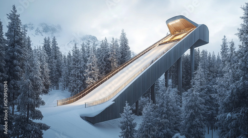 Wallpaper Mural Snow-Covered Ski Jump Ramp in Winter Mountains. A majestic ski jump ramp covered in fresh snow, surrounded by dense winter forests and mountain peaks. Torontodigital.ca