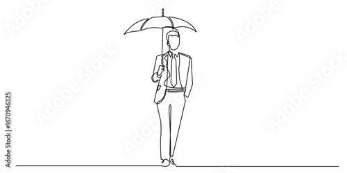 Continuous line illustration of businessman holding umbrella, minimalist one line drawing symbolizing protection, financial security, insurance, risk management, business safety, and stability