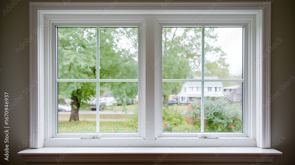 Fototapeta premium Window with potted plants on sill overlooking forest view