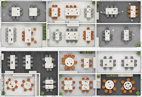 Top down view of various dining room table arrangements and seating configurations for interior design