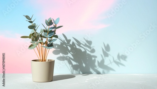 Elegant eucalyptus plant in a neutral pot casting shadow on a pastel background, modern decor