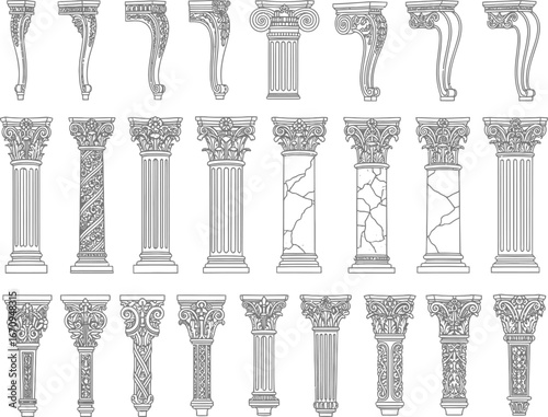 Collection of intricately detailed classical architectural columns showcasing various ornate styles and designs from ancient civilizations