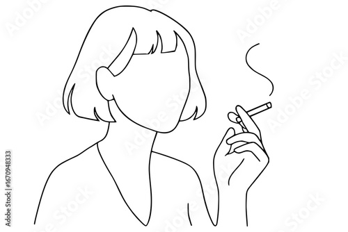 Isolated minimal line art illustration of woman smoking cigarette
