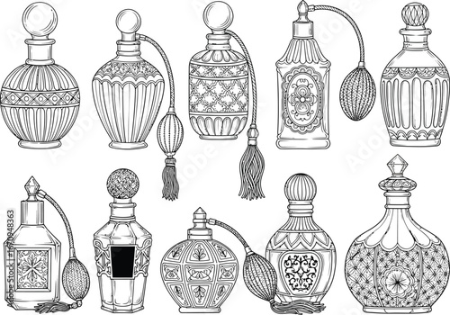 Collection of antique ornate glass perfume bottles and atomizers with stoppers isolated on white background in a vintage illustration style
