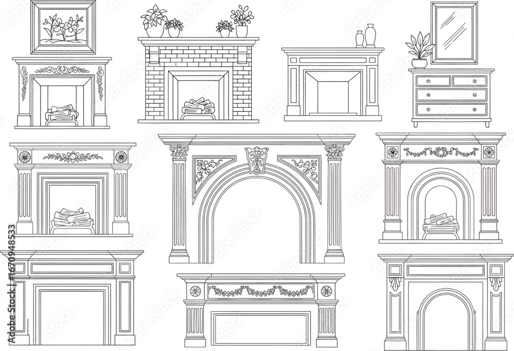 Fototapeta premium Collection of detailed architectural line drawings showcasing ornate vintage fireplaces and mantels with decorative elements and classic designs
