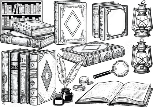 Vintage illustration of antique books oil lamps quill pen inkwell magnifying glass and spectacles on a wooden surface