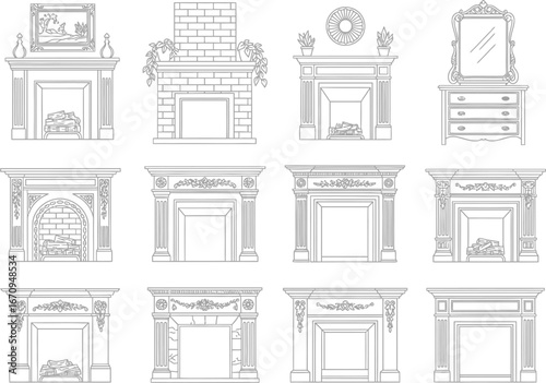 Collection of twelve detailed architectural line drawings of elegant and ornate fireplaces and mantels in various styles