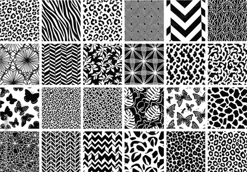 A collage of black and white animal print patterns including leopard cheetah zebra and butterfly motifs