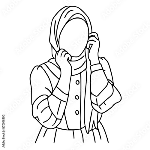 Minimalist line art illustration of woman adjusting a headscarf, isolated
