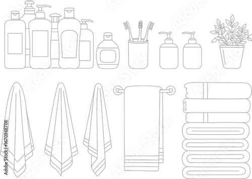 Collection of various bottles and jars with decorative elements and a potted plant creating a visually appealing arrangement