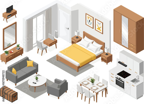 Isometric view of a modern bedroom living room and kitchen furniture set with a wardrobe and dining table