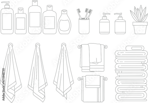 Hand drawn sketch of bathroom essentials including bottles toiletries towels and a plant on a shelf for a clean and organized aesthetic
