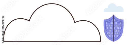 Cloud symbol alongside shield displaying binary patterns. Ideal for data protection, cybersecurity, cloud services, secure storage, internet safety, technology, system reliability. Simple flat