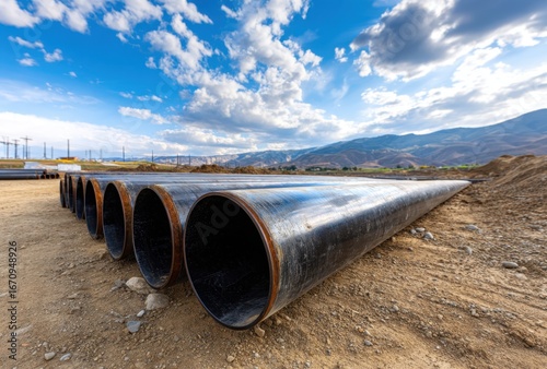 Wallpaper Mural Large industrial pipes lying on a barren landscape with a dramatic cloudy sky overhead Torontodigital.ca