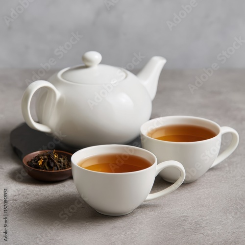 Elegant white porcelain teapot and two matching cups filled with tea on a neutral surface with a small dish of loose tea leaves for a cozy tea time setting