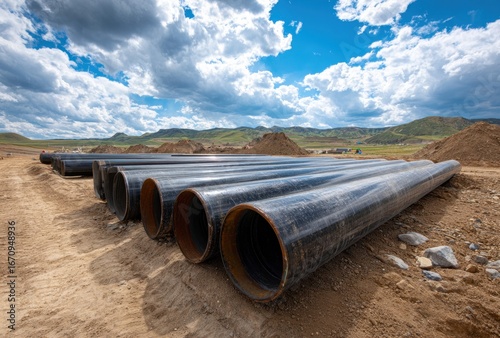 Wallpaper Mural Large industrial pipelines lying on dry, barren land under a partly cloudy sky Torontodigital.ca