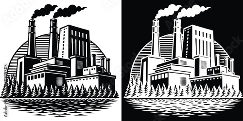 Powerful industrial factory complex with smokestacks emitting clouds against a stylized natural backdrop