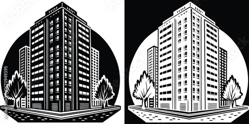 Modern cityscape featuring sleek high-rise buildings and stylized trees on a street corner, presented in a bold graphic style.