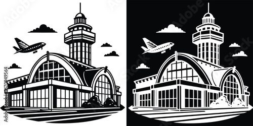 Modern airport terminal with airplane soaring overhead conveying travel and global connection for business and leisure journeys