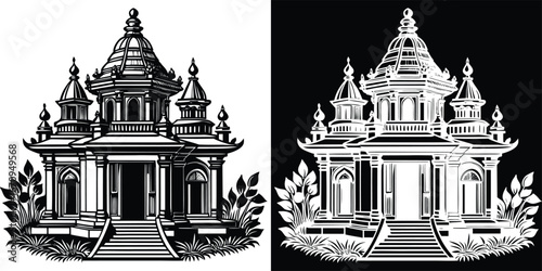 Intricate traditional temple design with ornate pagodas and lush foliage, perfect for cultural or spiritual projects
