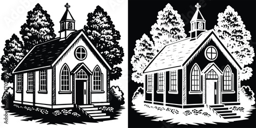 Charming vintage church with steeple and trees evokes peaceful community gatherings and spiritual reflection.