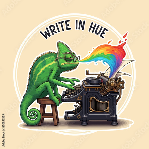 Green chameleon wearing glasses types on antique typewriter producing rainbow colored ink spewing from paper