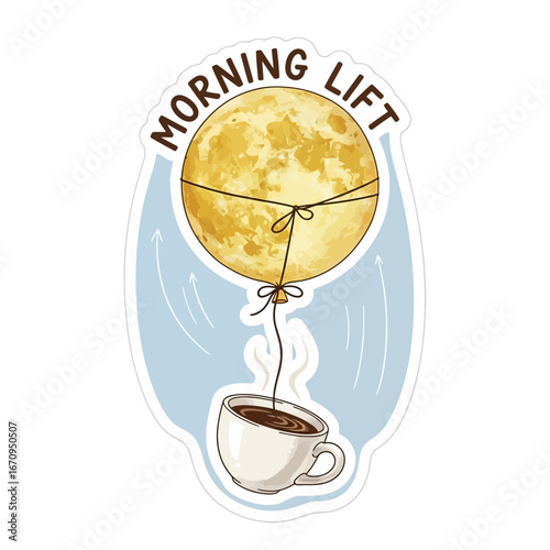A yellow moon balloon tied to a steaming cup of coffee implying morning energy and lift caffeine drink