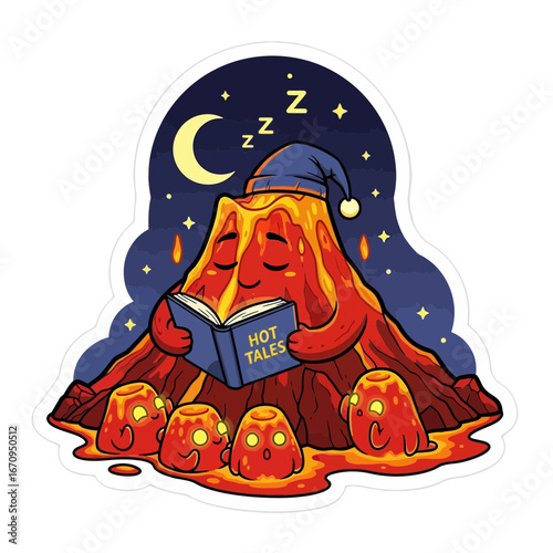 A sleeping volcano wearing a nightcap reads a book titled 'Hot Tales' to its lava babies under a starry night sky